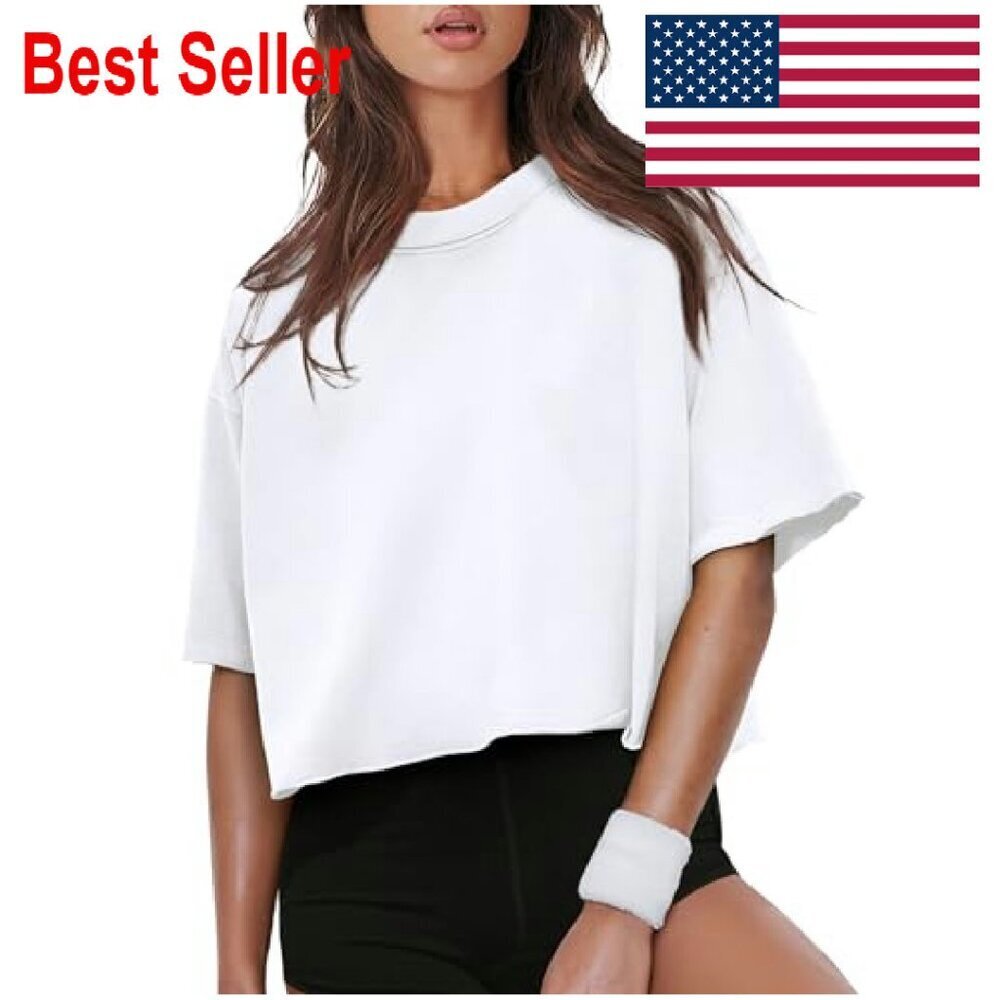 Oversized Crop Top Cotton Blend Drop Shoulder Y2K Chic Casual Workout Tee - Picture 4 of 8